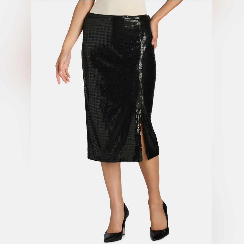 Time and Tru Black Sequin Skirt With Side Slit Women's Size XS